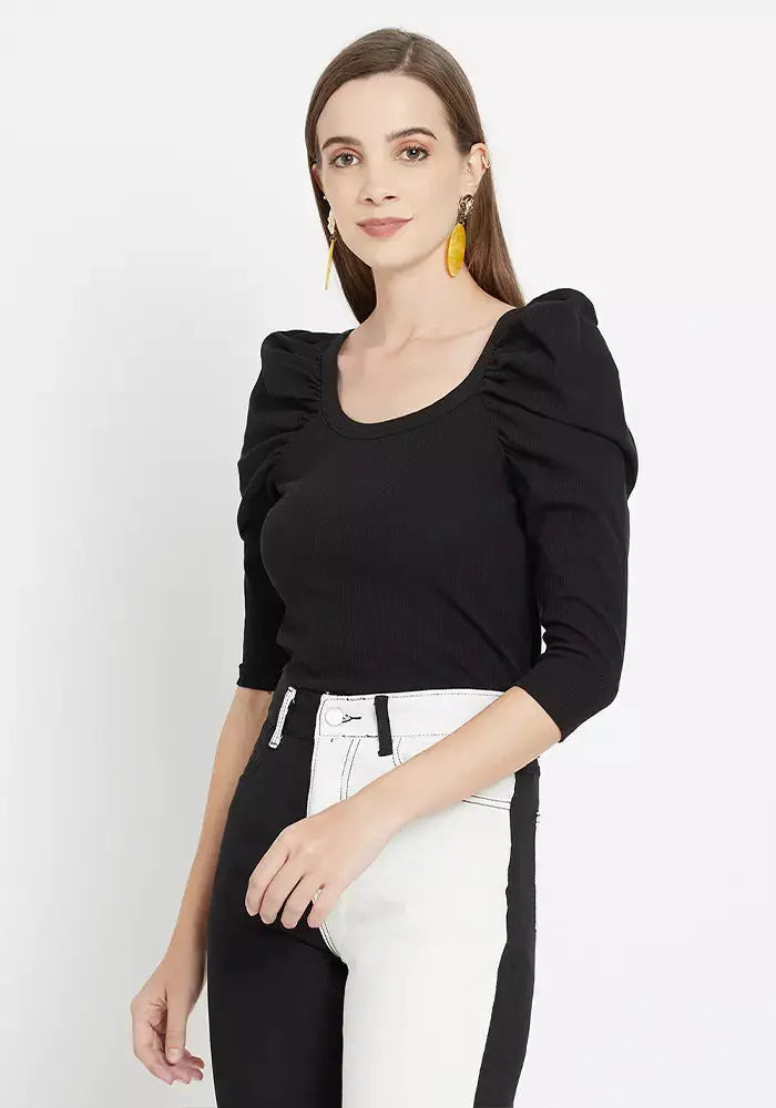 Rib Puff Sleeve Bodyhug Top black