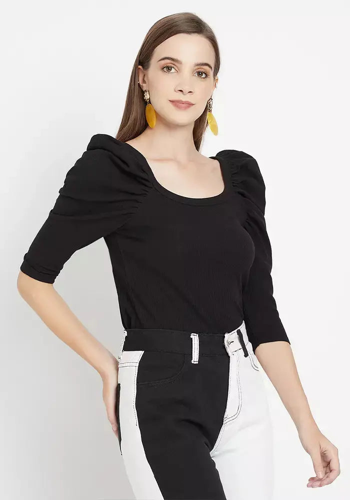 Rib Puff Sleeve Bodyhug Top black