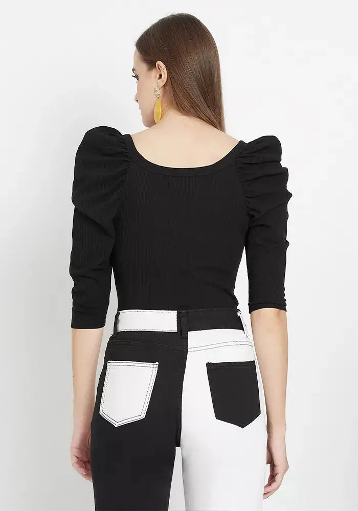 Rib Puff Sleeve Bodyhug Top black