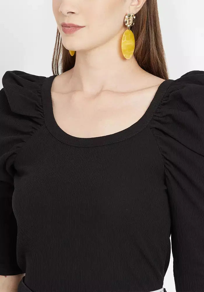 Rib Puff Sleeve Bodyhug Top black