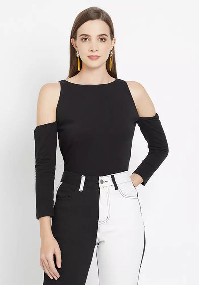 Ribbed Bodyfit Top With Cold Shoulder Sleeves