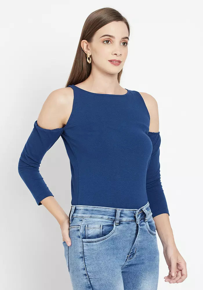 Ribbed Bodyfit Top With Cold Shoulder Sleeves