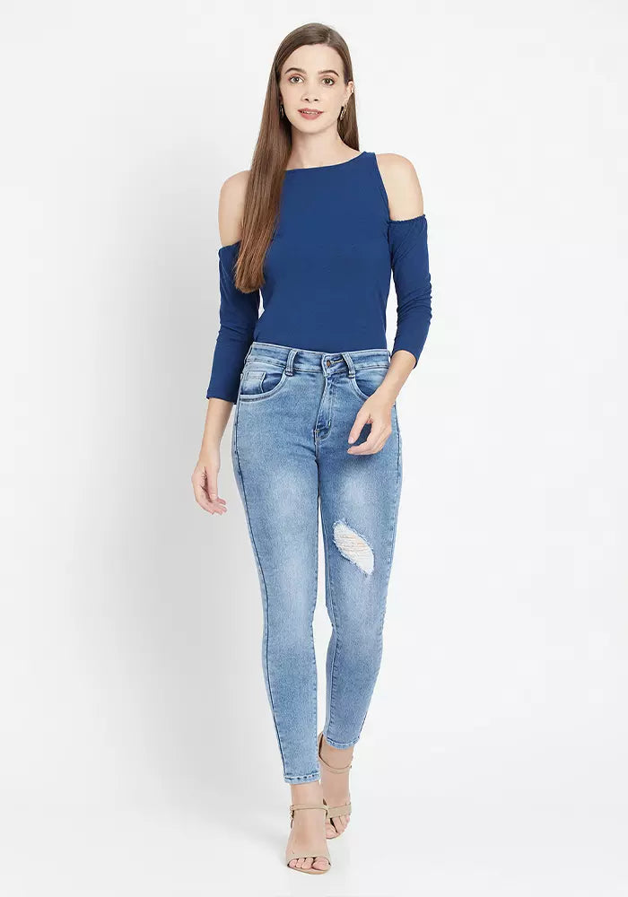 Ribbed Bodyfit Top With Cold Shoulder Sleeves blue