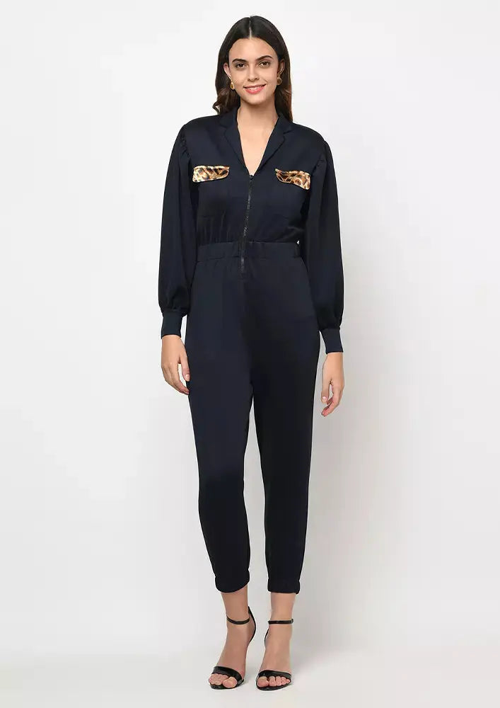 Blue Front Zipper Jogger Fit Jumpsuit IKI CHIC Private Ltd