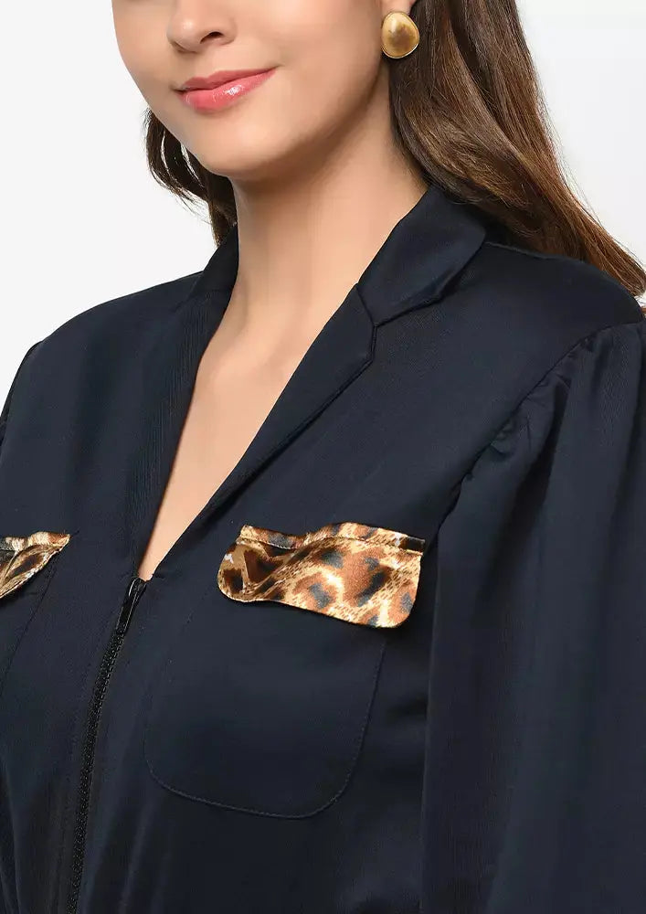 Blue Front Zipper Jogger Fit Jumpsuit IKI CHIC Private Ltd