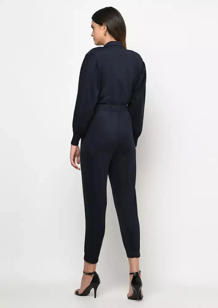 Blue Front Zipper Jogger Fit Jumpsuit IKI CHIC Private Ltd