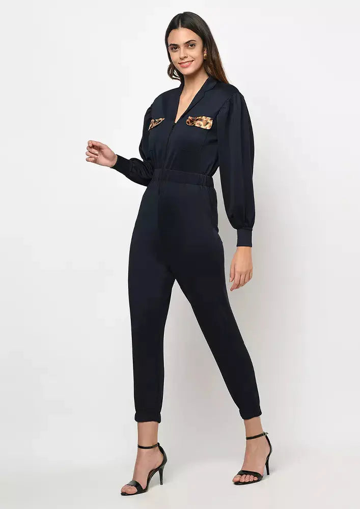 Blue Front Zipper Jogger Fit Jumpsuit IKI CHIC Private Ltd