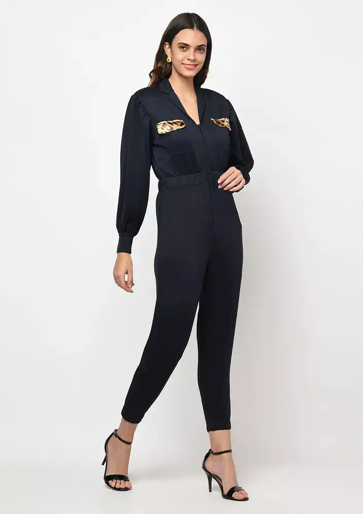 Blue Front Zipper Jogger Fit Jumpsuit IKI CHIC Private Ltd