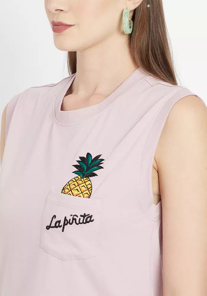 Lilac Pineapple Embroidered Sleeveless T-Shirt