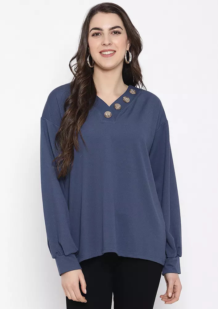 Waffle Knitted Buttoned Neck Top