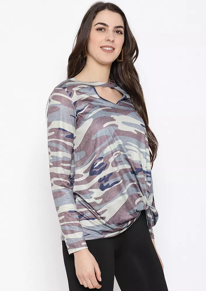 Camouflage Print Hollow-Out Top