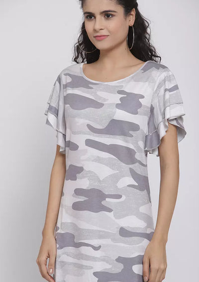 Flared Short Sleeve Camouflage Dress Khaki