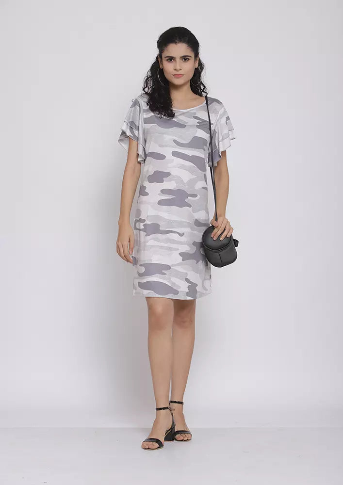 Flared Short Sleeve Camouflage Dress Khaki