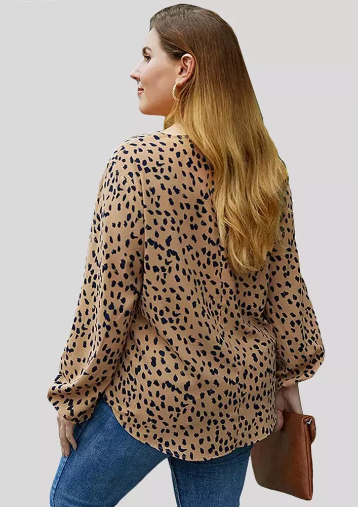 Plus Size Leopard Print Puff Sleeve Blouse