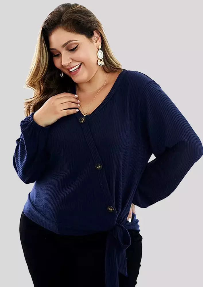 Plus Size V-Neck Knotted Blouse