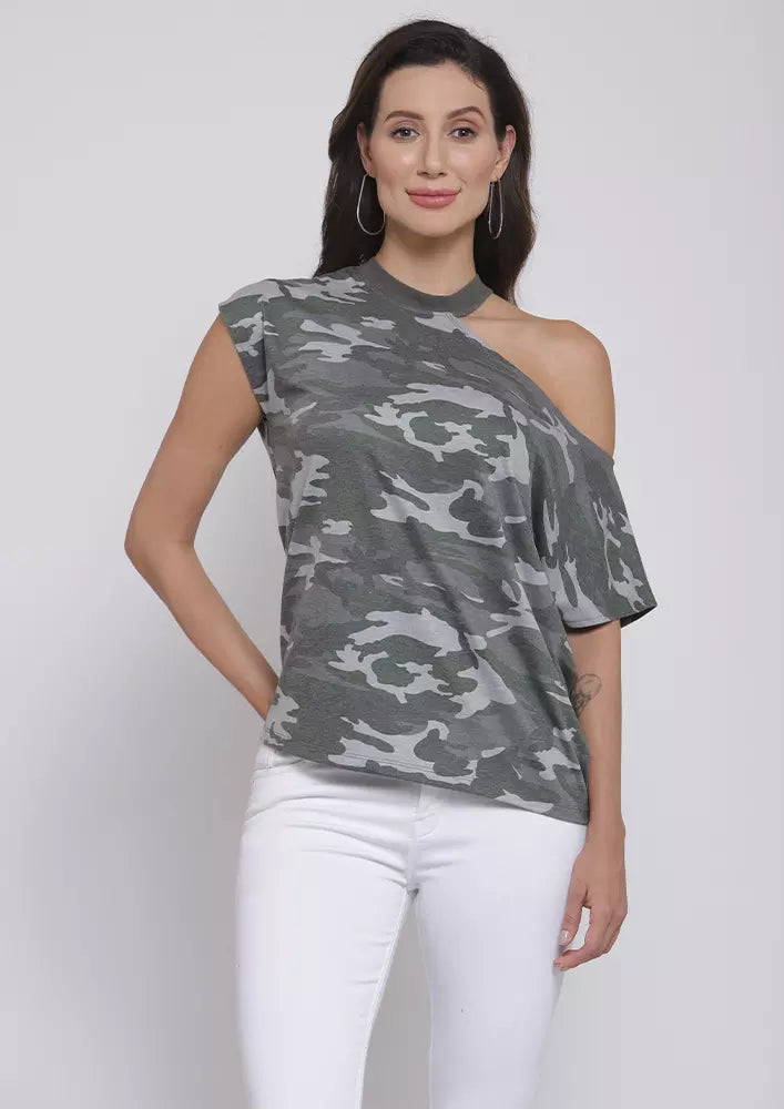 Camouflage Print Cutout Shoulder T-Shirt