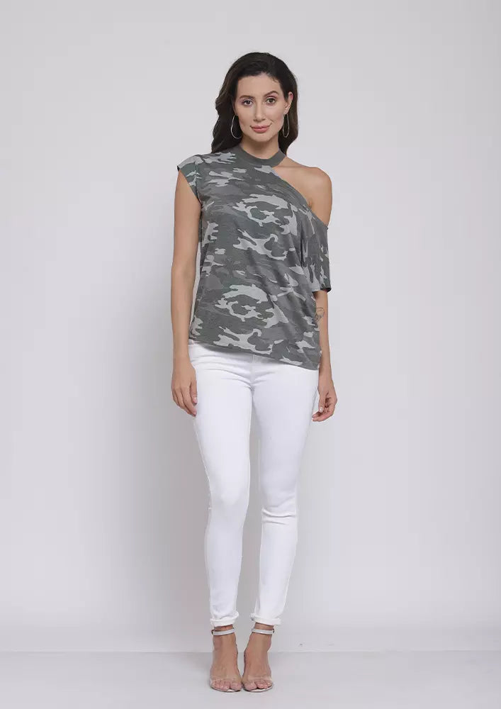 Camouflage Print Cutout Shoulder T-Shirt