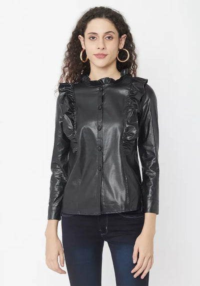 Black Faux Leather Ruffle Detail Shirt