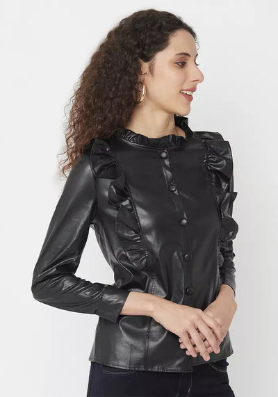 Black Faux Leather Ruffle Detail Shirt