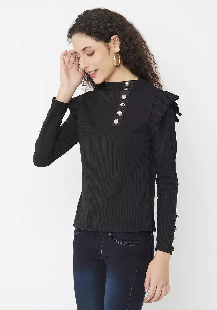 Black Ruffle Detail High Neck Knitted Bodycon Top