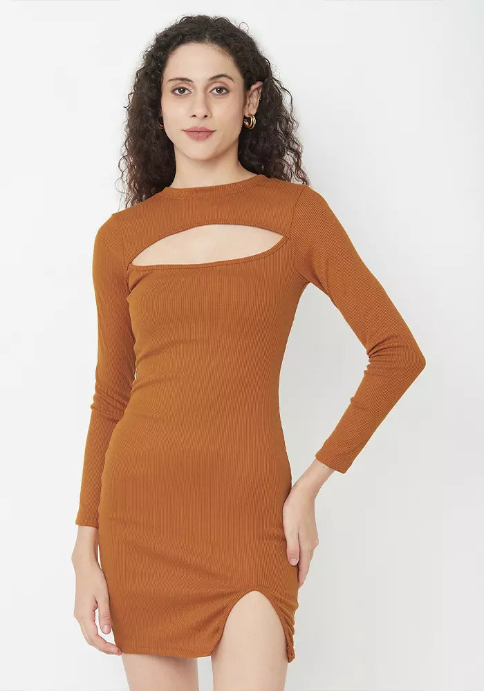 Ribbed Long Sleeve Cut Out Thumb Hole Bodycon Dress brown