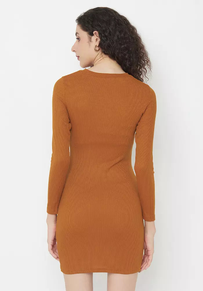 Ribbed Long Sleeve Cut Out Thumb Hole Bodycon Dress brown
