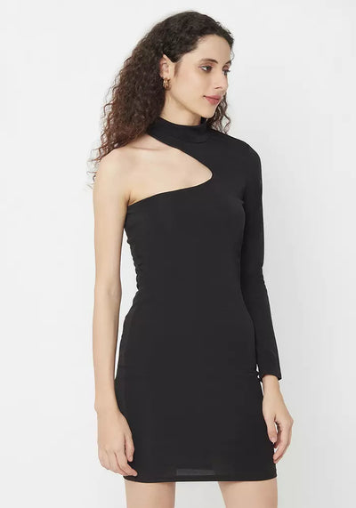 Black Knitted Asymmetric Cut Out Neck Bodycon Dress