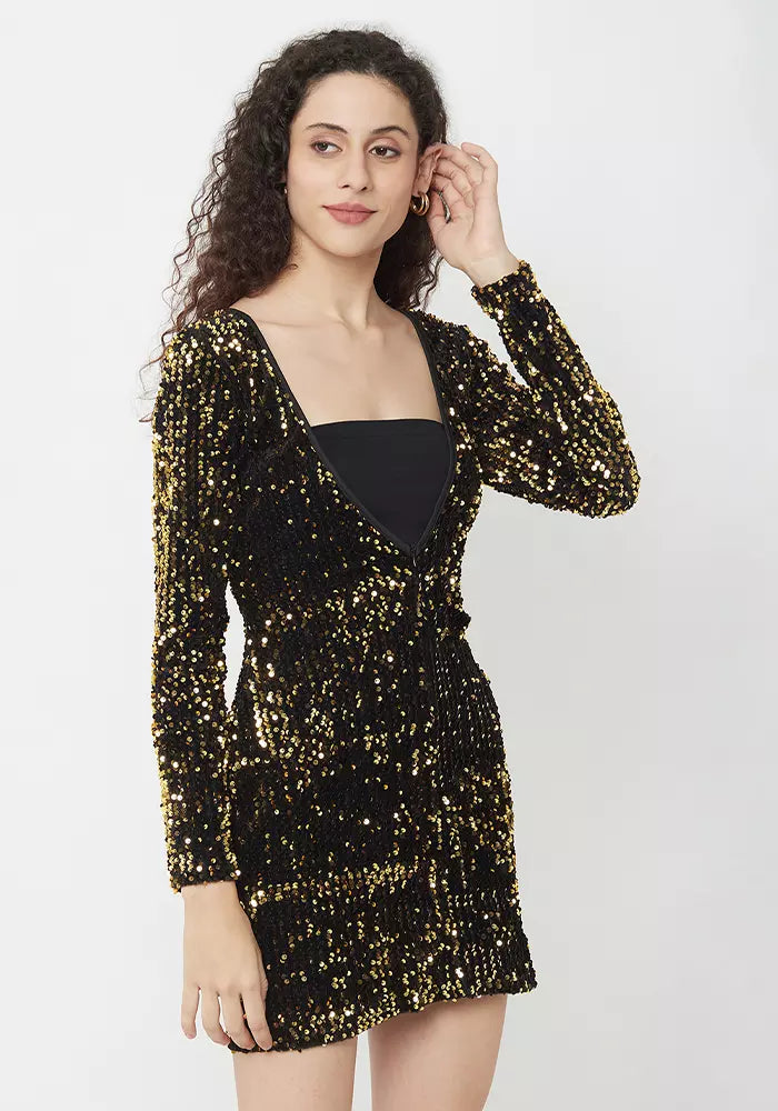 Gold Sequin Plunge Long Sleeve Bodycon Mini Dress