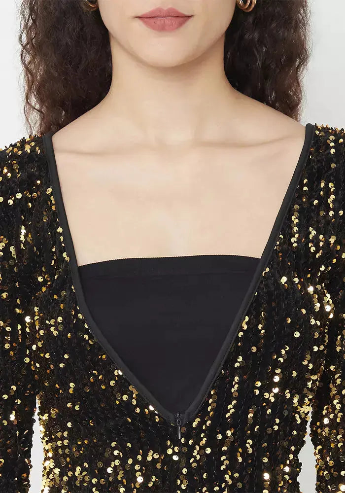 Gold Sequin Plunge Long Sleeve Bodycon Mini Dress - IKI CHIC Gold Sequin Plunge Long Sleeve Bodycon Mini Dress - IKI CHIC