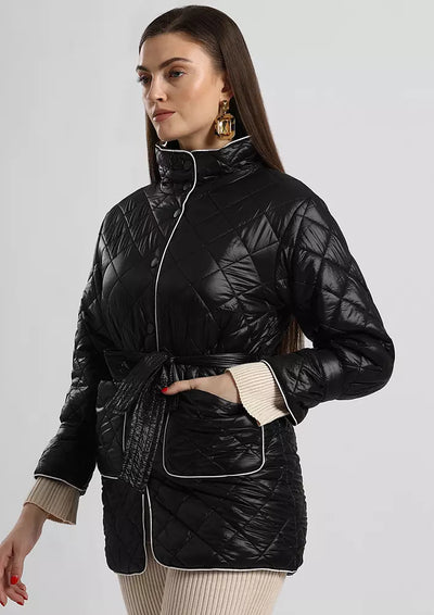 Diamond Quilted Contrast Piping Belted Coat