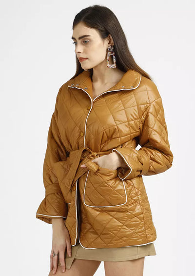 Diamond Quilted Contrast Piping Belted Coat