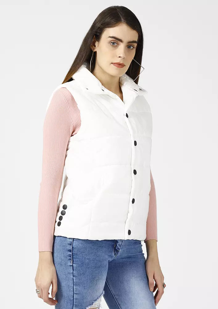 Sleeveless Puffer Jacket With Button Detail