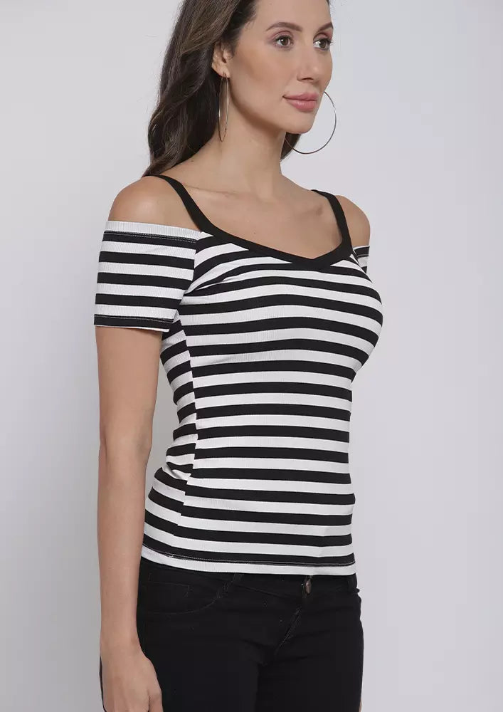 Iki Chic Cutout Shoulder T-Shirt In Stripes