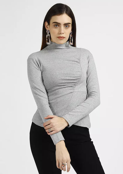Asymmetrical Ruched Long Sleeve Top grey