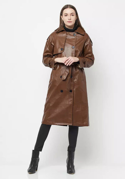 Tan Faux Leather Belted Midi Trench Coat