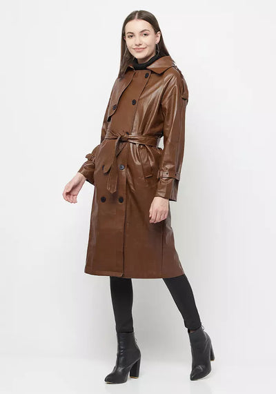 Tan Faux Leather Belted Midi Trench Coat