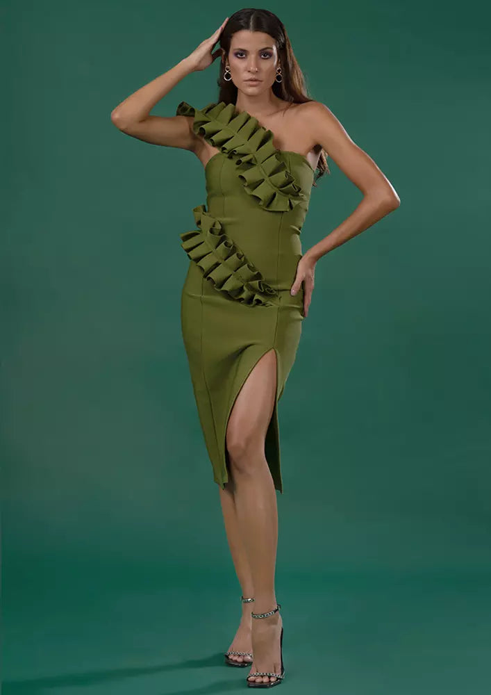 Green One-Shoulder With Crimped Leaves Detail Bandage Dress