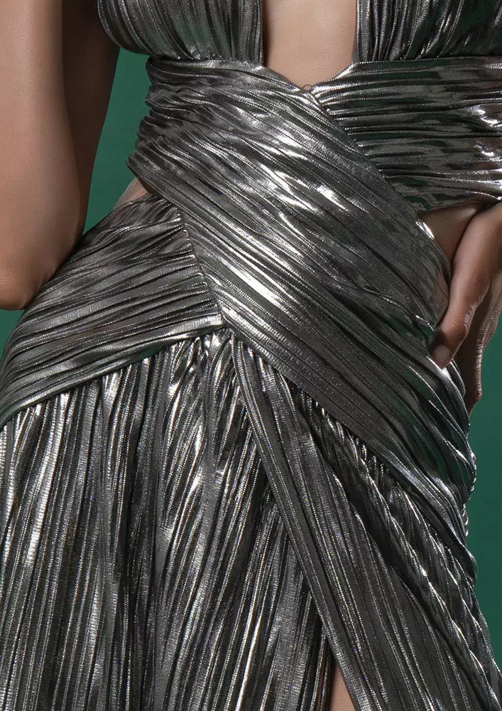 Silver Metallic Criss-Cross Neck Split Maxi Dress
