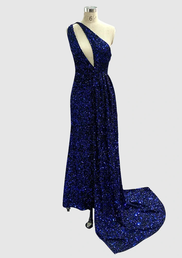 Navy Blue Sequin One Shoulder Long Split Gown