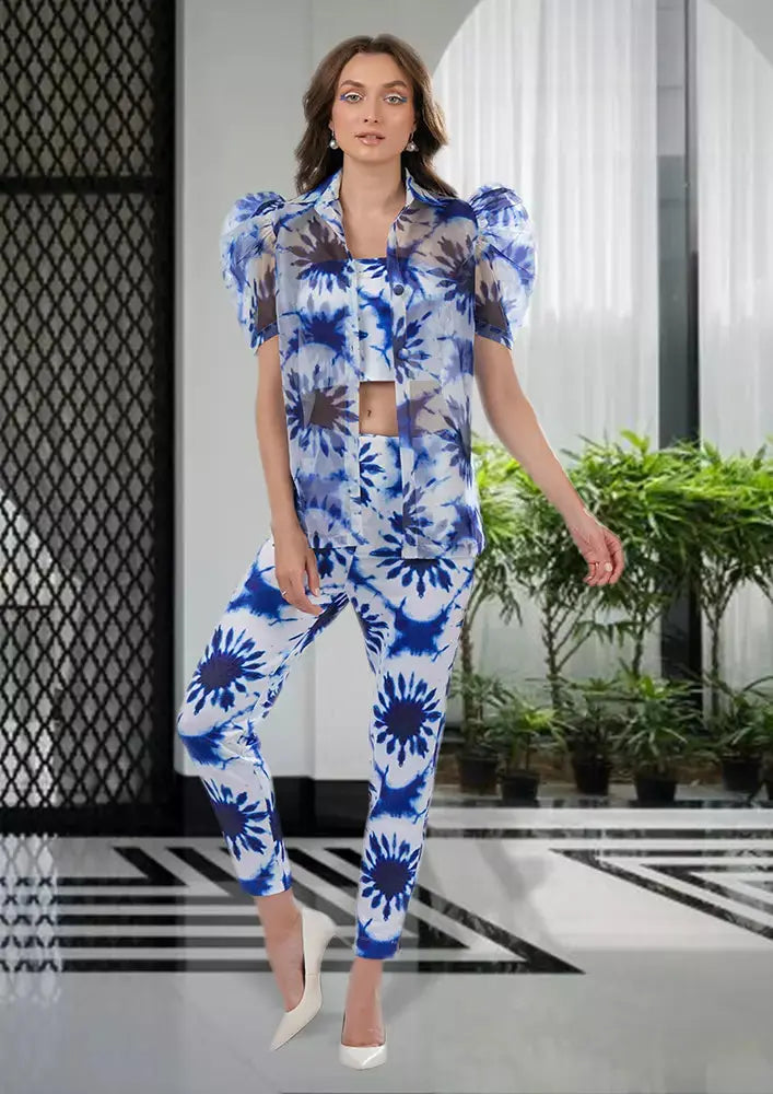 Three Piece Blue Splash Print Organza Puff Sleeve Shirt And Straight Pants With Tube Inner