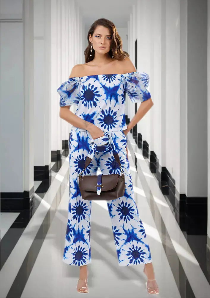 Splash Print Off Shoulder Puff Sleeves Top And Wide Leg Pants Set