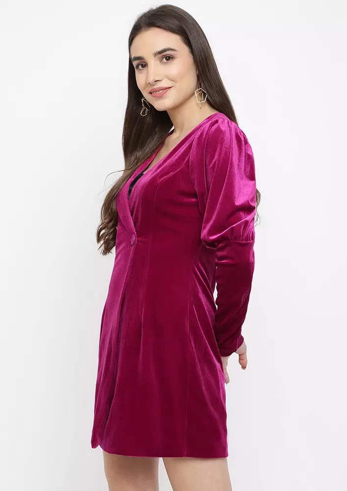 Pink Velvet Puff Sleeve Blazer Dress