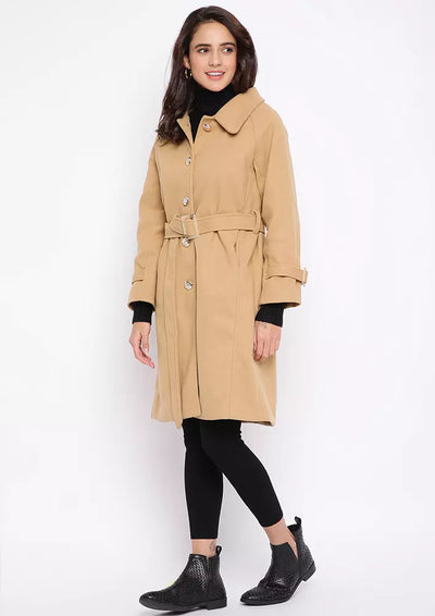 Brown woollen full sleeves longline coat