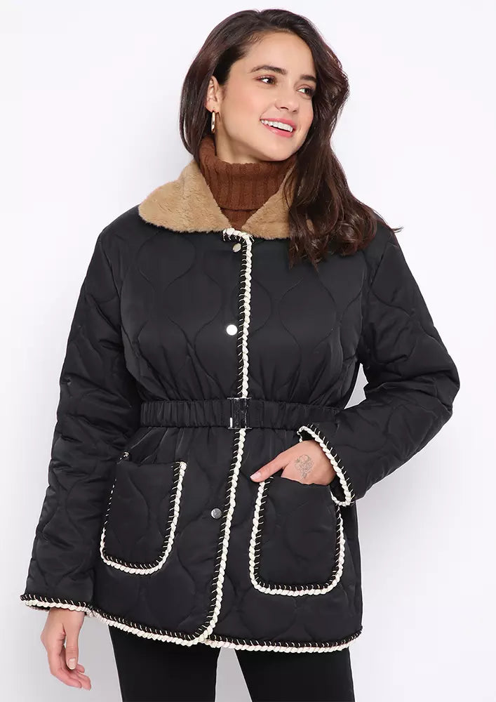 Black Quilted Faux Fur Collar Puffer Jacket