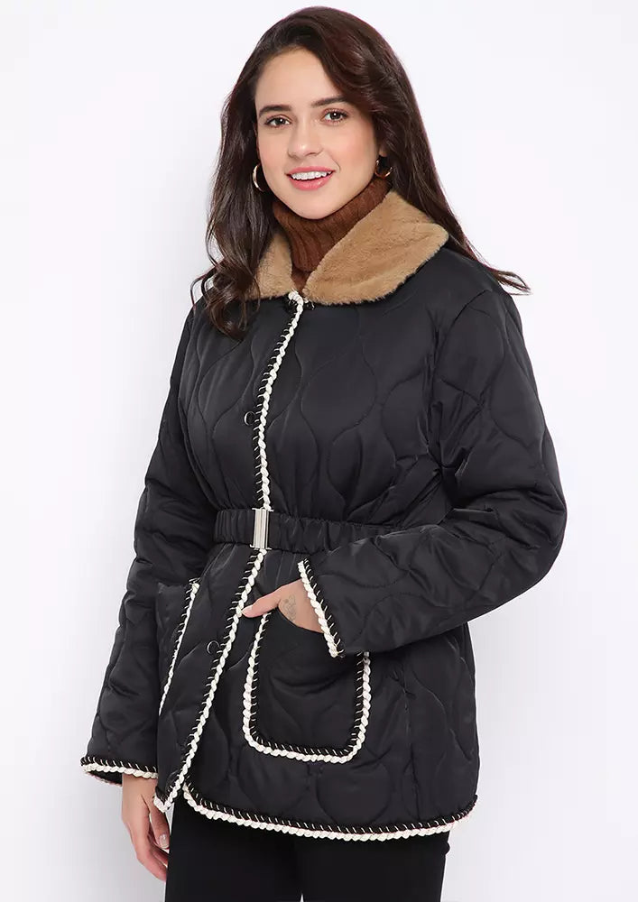 Black Quilted Faux Fur Collar Puffer Jacket