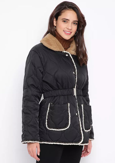 Black Quilted Faux Fur Collar Puffer Jacket