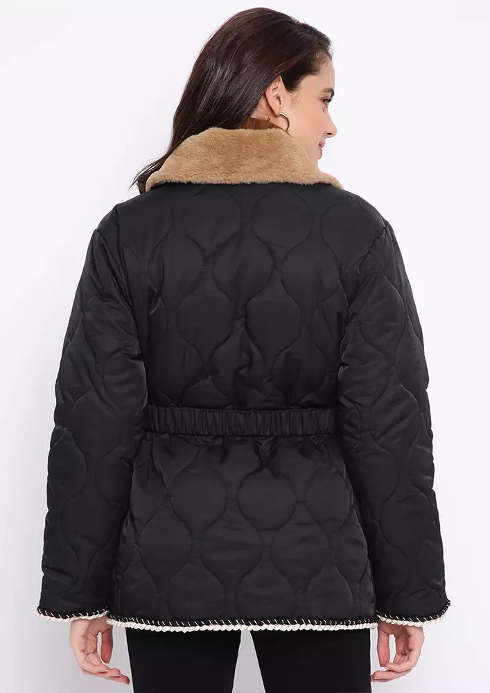 Black Quilted Faux Fur Collar Puffer Jacket