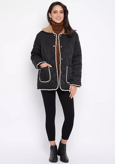 Black Quilted Faux Fur Collar Puffer Jacket