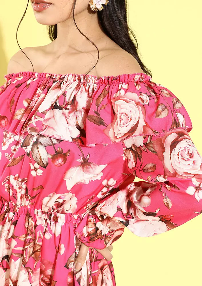 Pink off shoulder floral printed frill mini dress