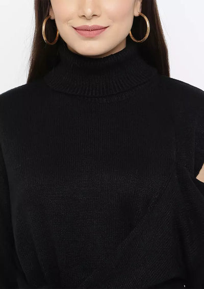 Black High Neck Cold Shoulder Front Knot Sweater
